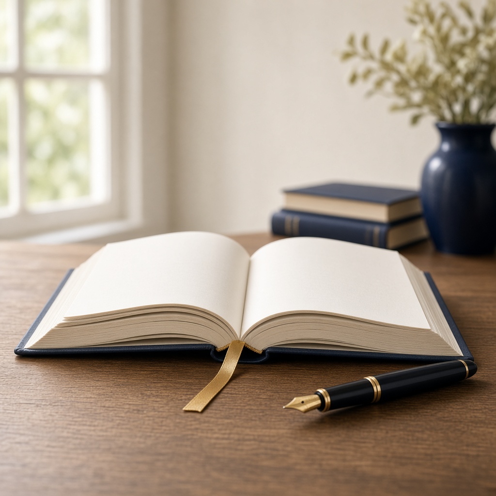 Open book and fountain pen on a desk