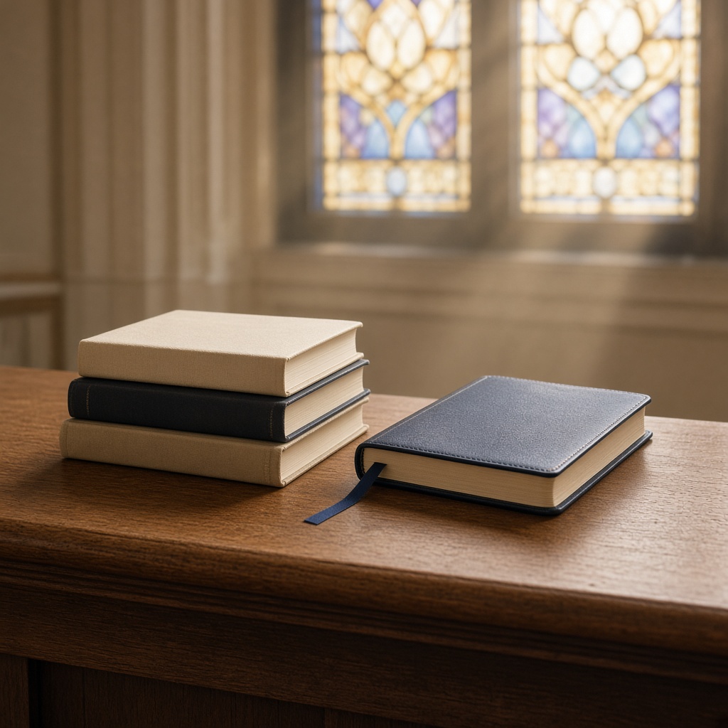 Bible and books on a church pew