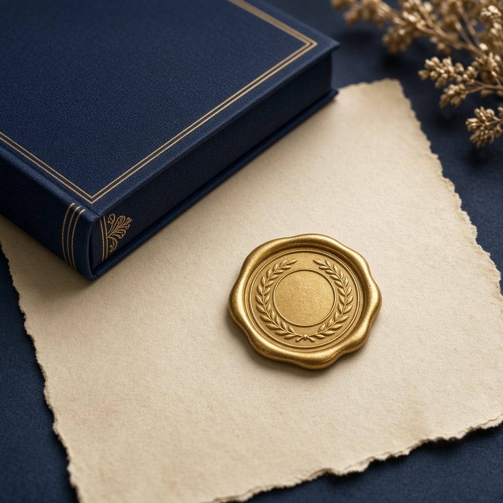 Gold seal beside a hardcover book
