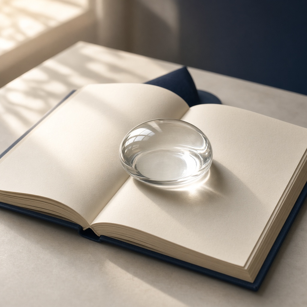 Open ledger with clear glass paperweight